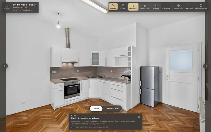 Skutečná fotka kuchyně otevřená ve 3D prohlídce na místě, kde vznikla