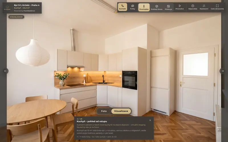 Vizualizace zařízené kuchyně v 3D prohlídce, označená jako vizualizace