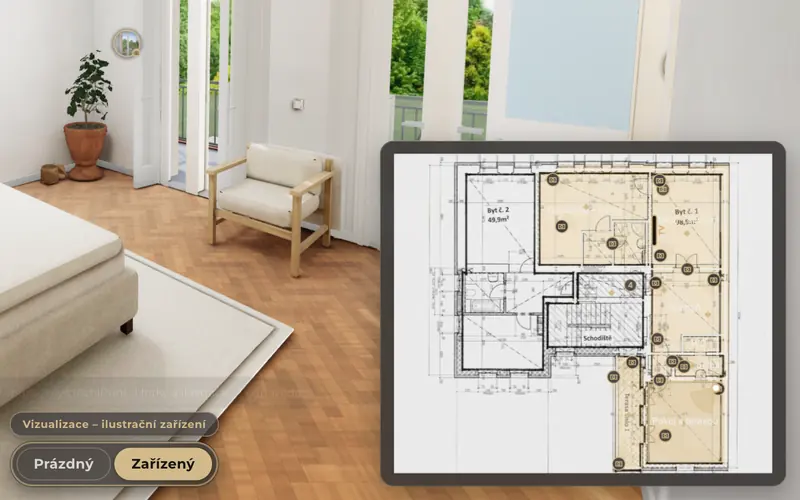 Velká minimapa 3D prohlídky: půdorys bytu s místy fotek a polohou návštěvníka
