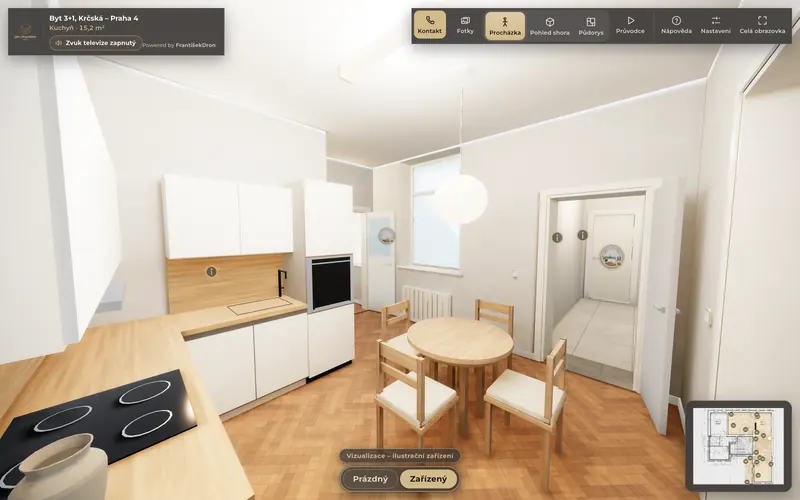 Zařízený režim 3D prohlídky: kuchyň s ilustračním nábytkem