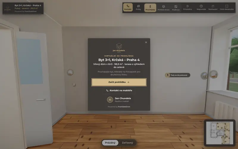 Úvodní karta 3D prohlídky s logem realitky a kontaktem na makléře