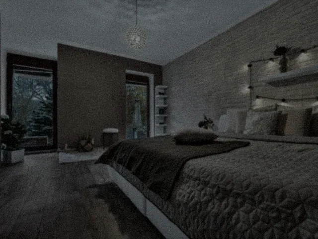 Ložnice vyfocená potmě, fotka je tmavá a zrnitá (simulace)